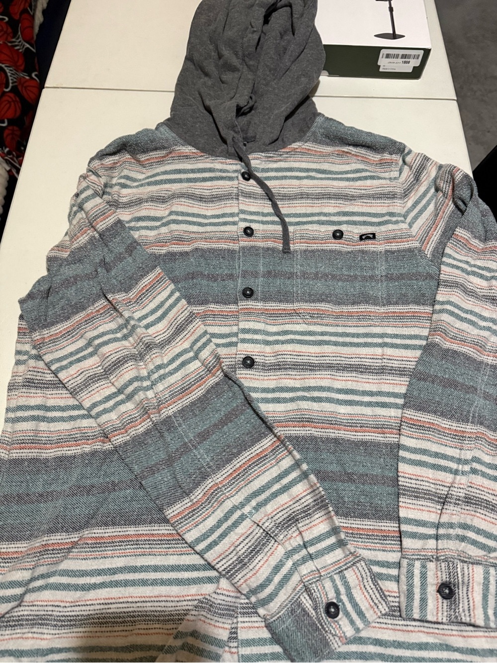 Billabong Striped Hooded Button-Up in Gray, Teal, and Cream